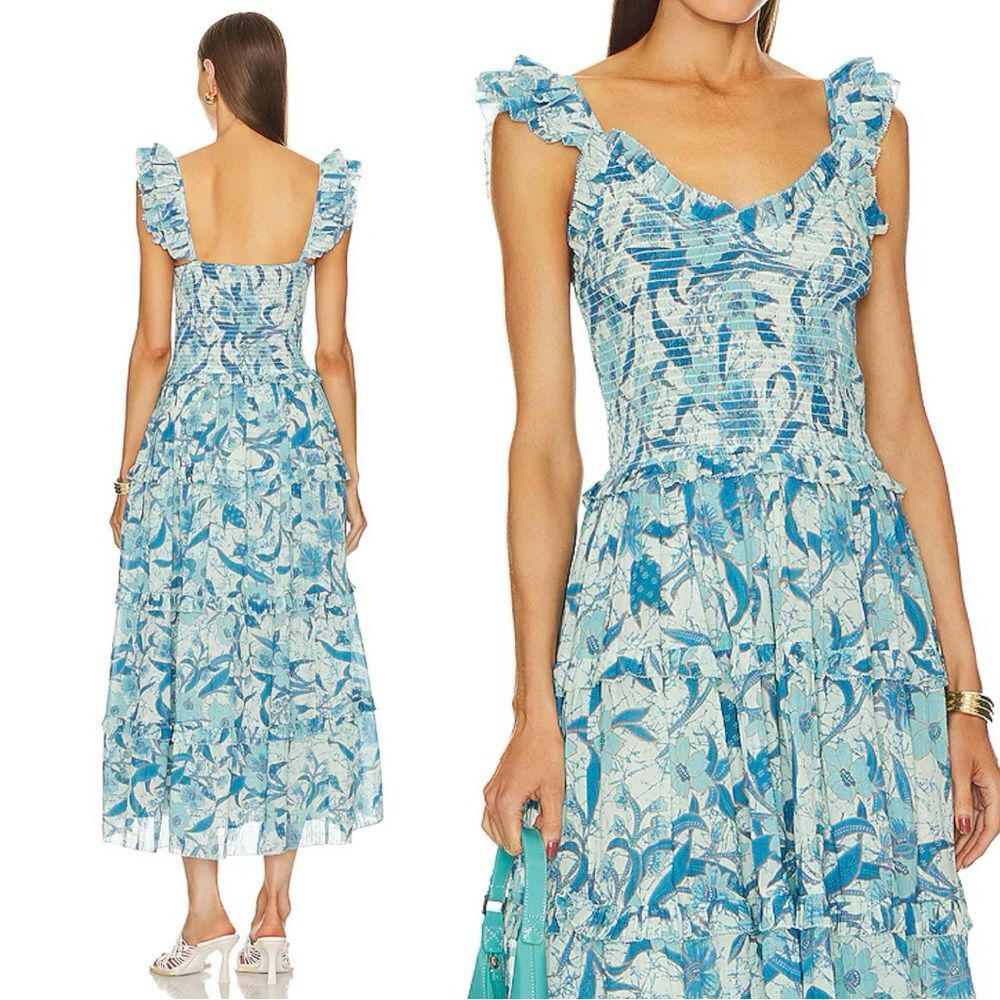 Anthropologie Love the Label Gaya Maxi Dress Smocked Tiered Blue White Floral S
